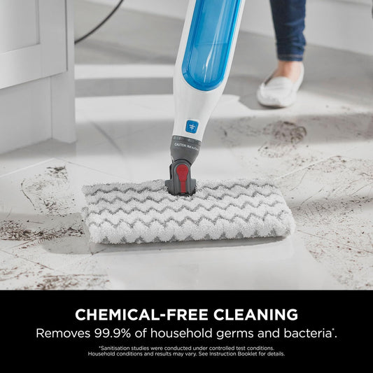 Shark Flip Steam Mop with Steam Blaster 2 Machine Washable Cleaning Pads & Fill Flask White & Blue