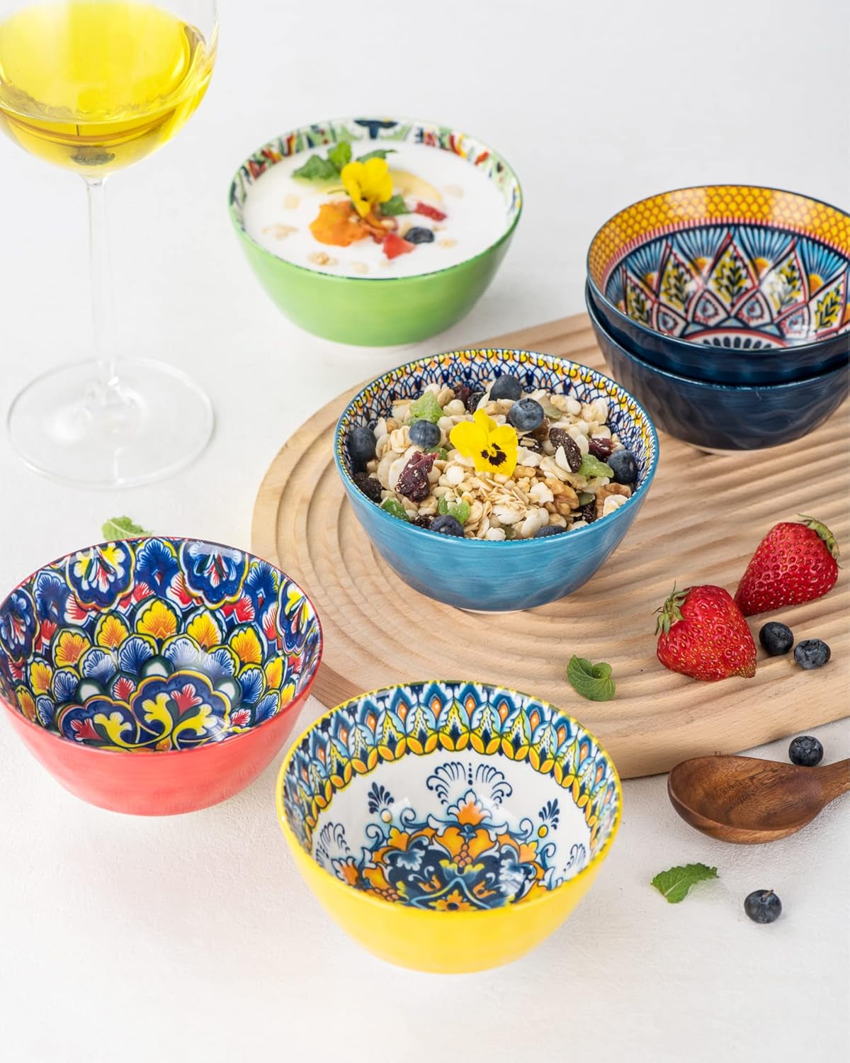 HENXFEN LEAD Bohemian Style Dessert Bowls Set Pack of 6 Colorful 360ml