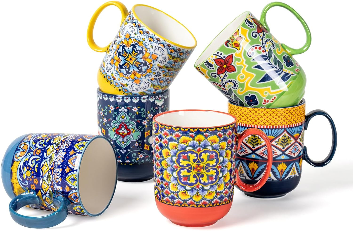 HENXFEN LEAD Bohemian Style Porcelain Coffee Mugs Colourful 6 Pack 410ml