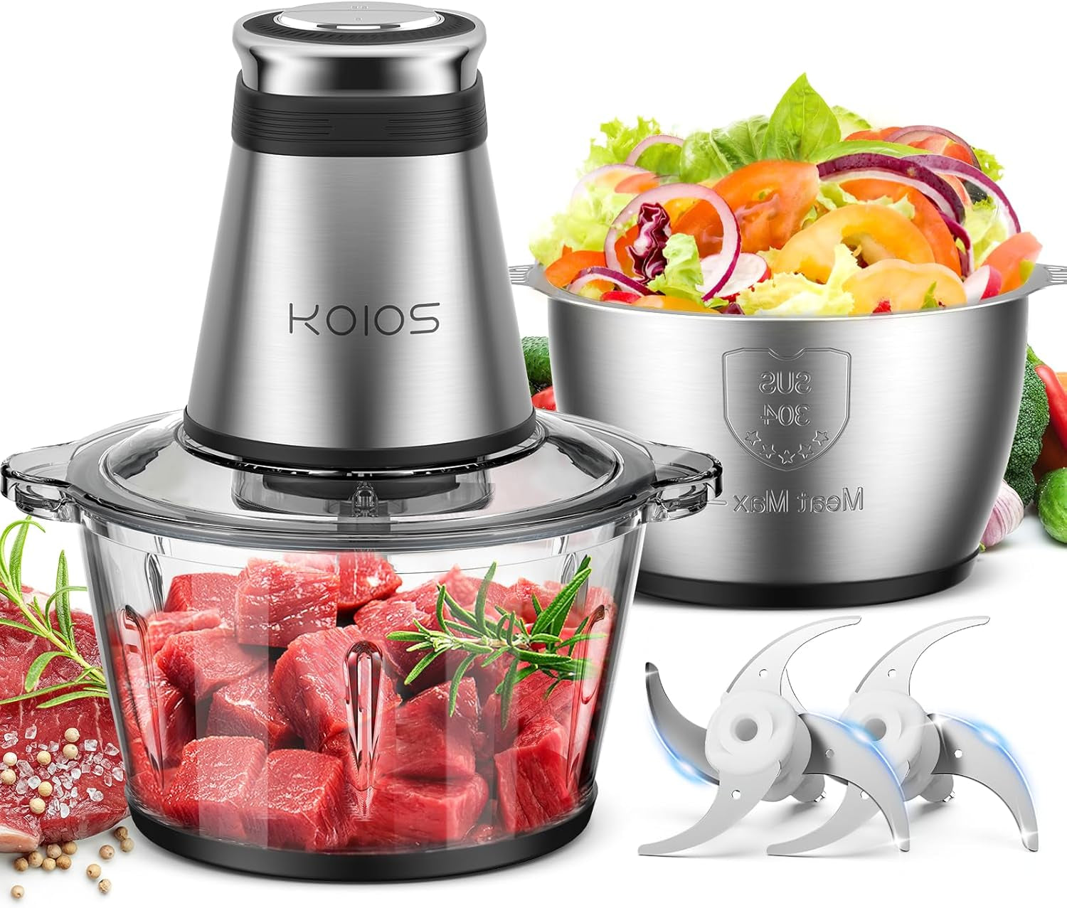 KOIOS Food Processor, 500W Electric Food Chopper with 2 Bowls (8 Cup+8 Cup) & 2 Bi-Level Blades&, Small Electric Grinder Meat Processor for Nuts, Meat, Onion, Garlic, Baby Food, Black