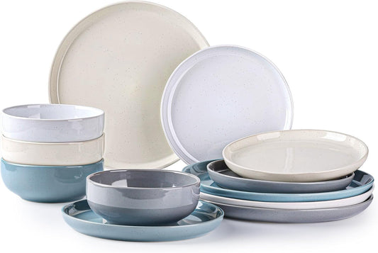 Dinnerware Set for 4, GBHOME 12 Pieces Speckled Glaze Plates and Bowls Sets, Handmade Chip and Scratch Resistant Stoneware Dishes Set, Dishwasher & Microwave Safe