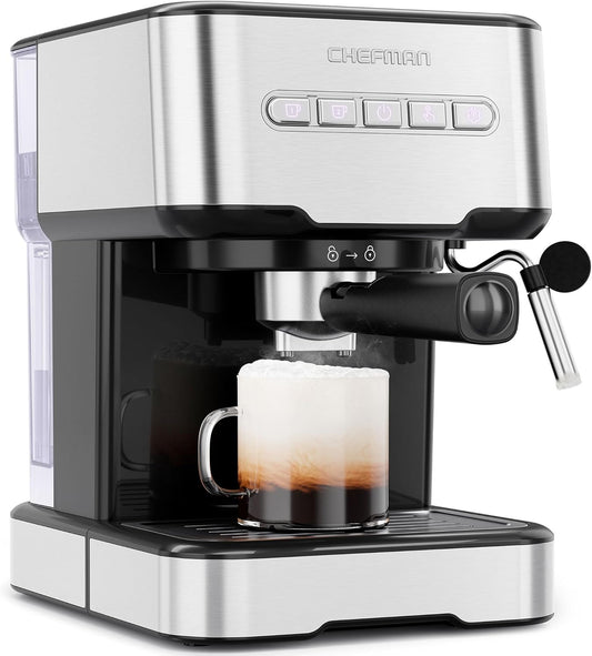 Chefman 6-In-1 Espresso Machine with Steamer, One-Touch Single or Double Shot Maker, Coffee Cappuccino Machine, Latte Built-In Milk Frother Stainless Steel