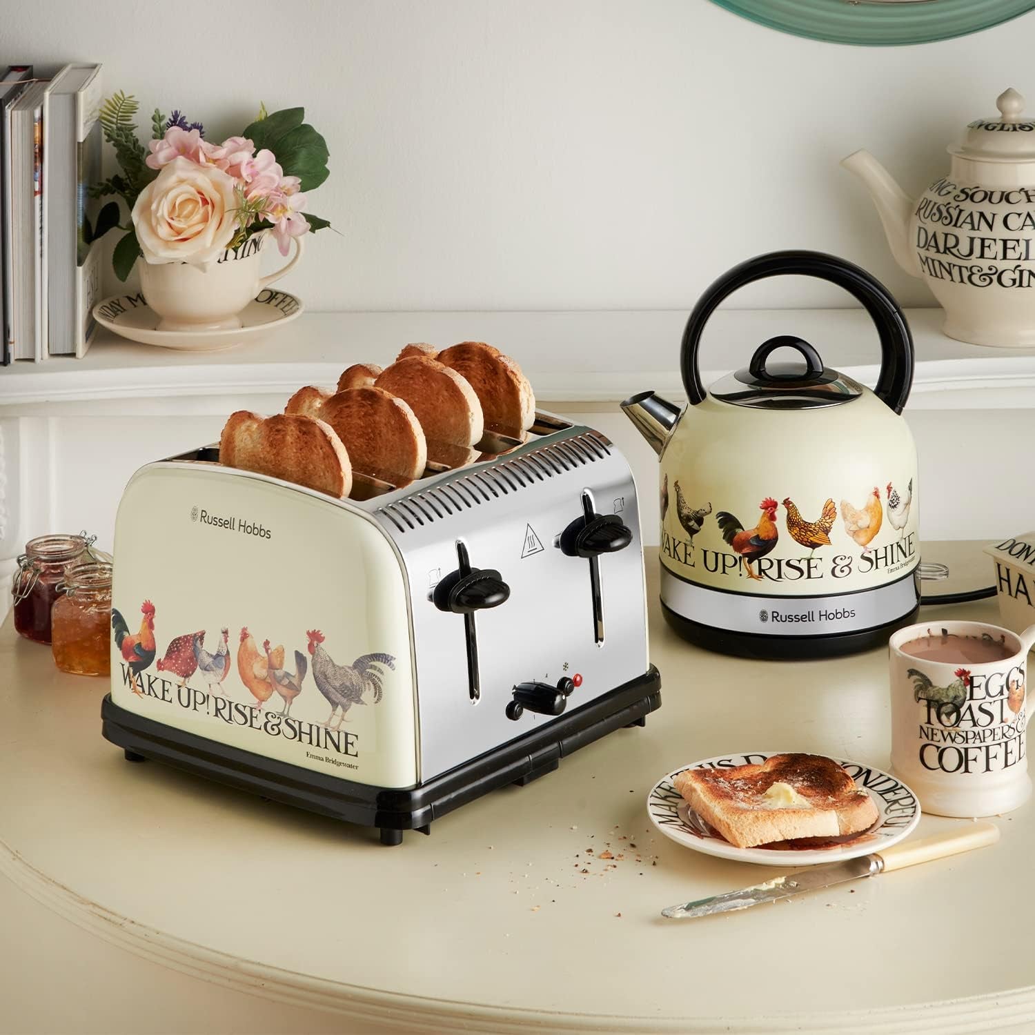 Emma Bridgewater Rise & Shine 4 Slice Toaster - (Independent & Wide Slots, 7 Browning Settings, Frozen/Cancel/Reheat with Illuminated Lights, Removable Crumb Trays, 1500W, Cream) 25780