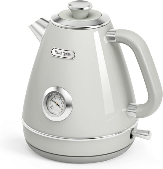 Hazel Quinn Retro Electric Kettle - 1.7 Liters / 57.5 Ounces Tea Kettle with Thermometer, All Stainless Steel, Fast Boiling 1200 W, Bpa-Free, Cordless, Rotational Base, Automatic Shut off - Ice Gray