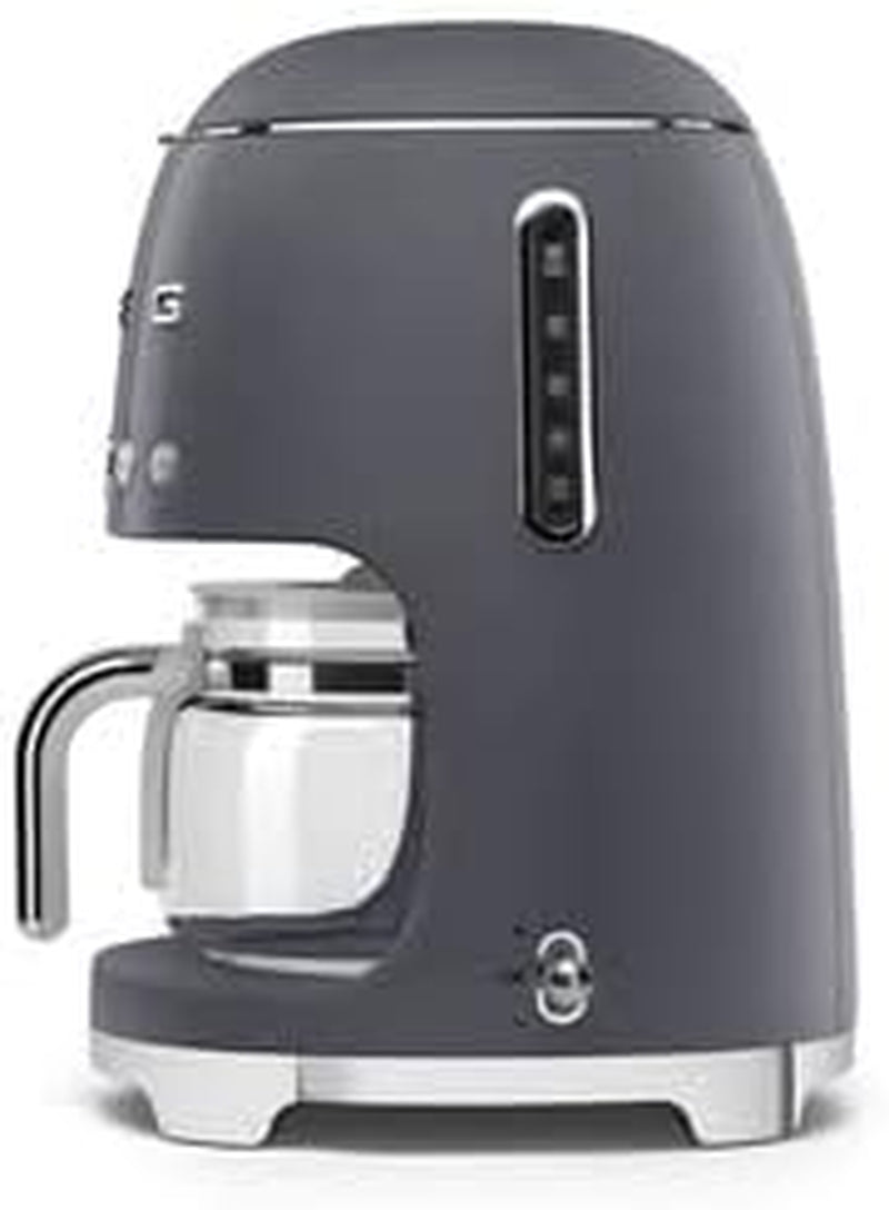 Smeg 50'S Retro Style Aesthetic Drip Coffee Machine with 10 Cup Glass Carafe, Auto Start Feature, Keep Warm Plate, and Two Coffee Strength Settings (Grey)