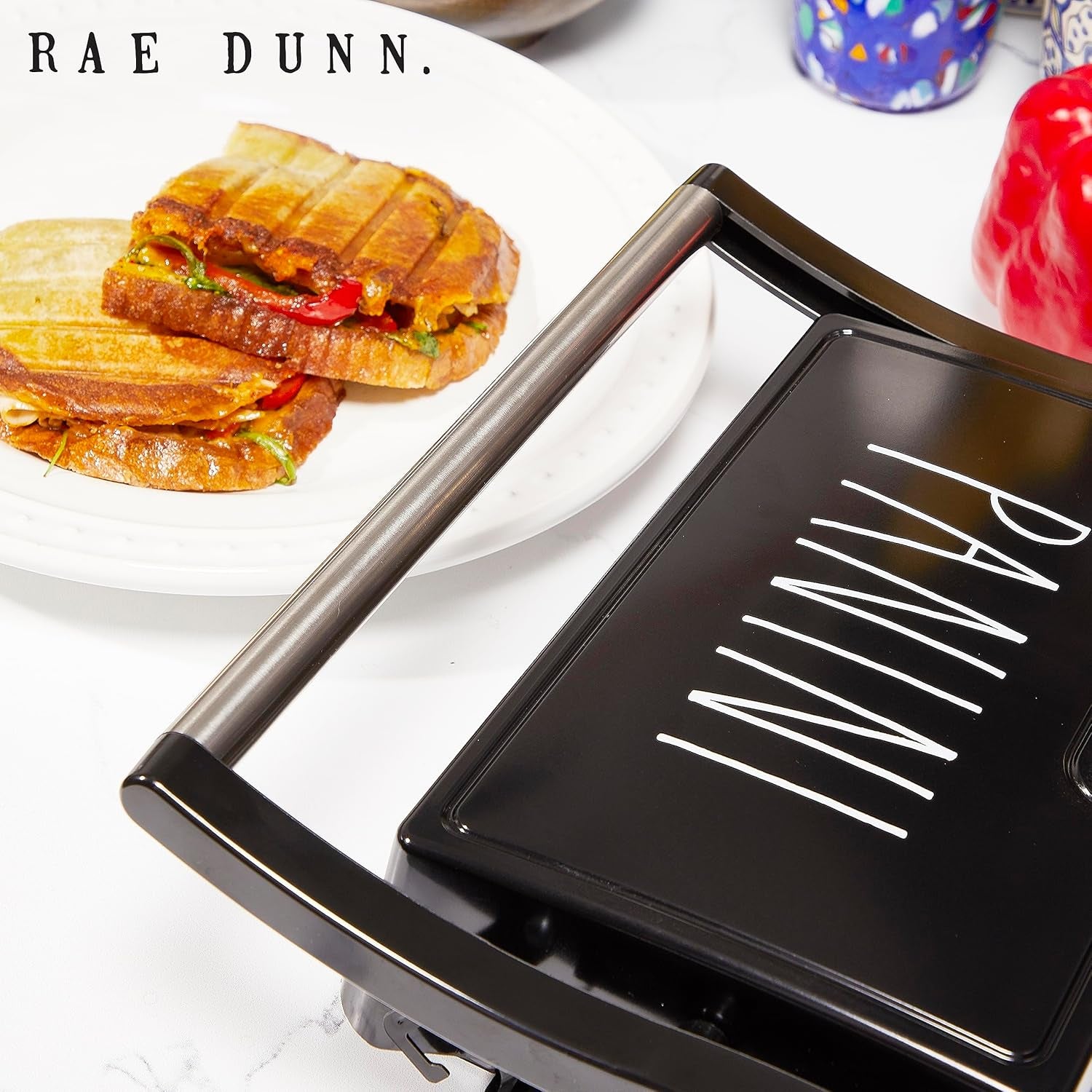 Rae Dunn Press Grill with Indicator Lights Opens 180 Degrees Double Sided Heating Non-Stick Black