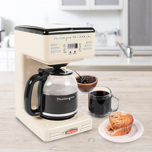 Nostalgia Retro 12-Cup Programmable Coffee Maker with LED Display, Automatic Shut-Off & Keep Warm, Pause-And-Serve Function, Cream