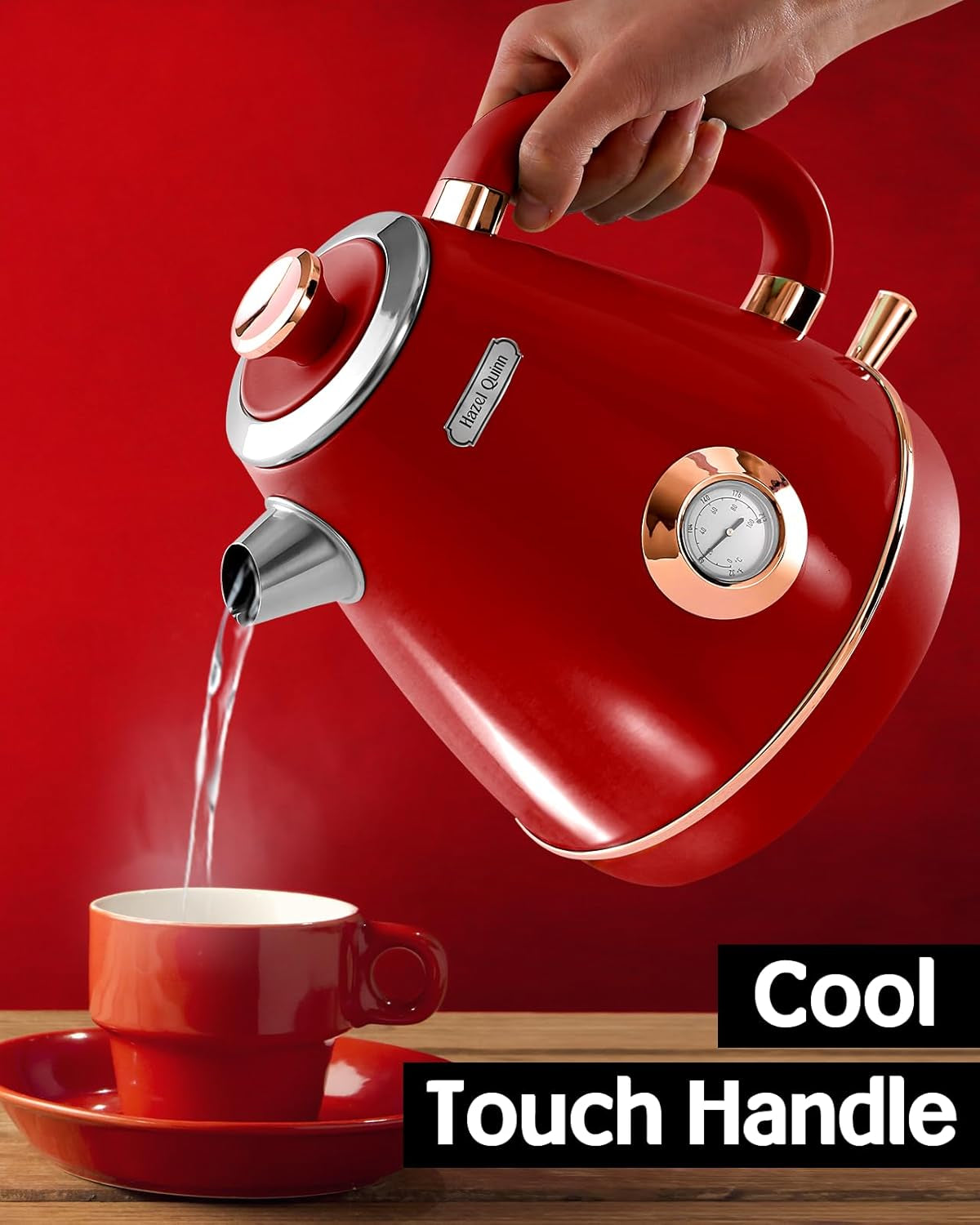 Hazel Quinn Retro Electric Kettle - 1.7 Liters / 57.5 Ounces Tea Kettle with Thermometer, All Stainless Steel, Fast Boiling 1200 W, Bpa-Free, Cordless, Rotational Base, Automatic Shut off - Ruby Red