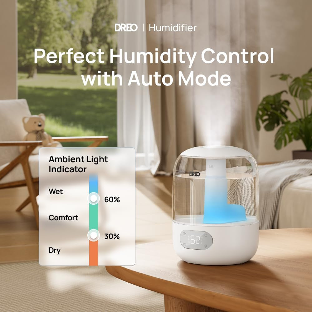 Dreo Humidifiers for Bedroom, Cool Mist Ultrasonic Humidifiers with Oil Diffuser, 30Hr Runtime, Top Fill 3L Tank, Humidity Sensor, Night Light for Baby, Nursery, 360° Nozzle for Plants and Home, White