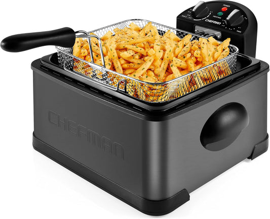 Chefman Deep Fryer with Basket Strainer, 4.5 Liter XL Jumbo Size Adjustable Temperature & Timer, Perfect Chicken, Shrimp, French Fries, Chips & More, Removable Oil Container, Black