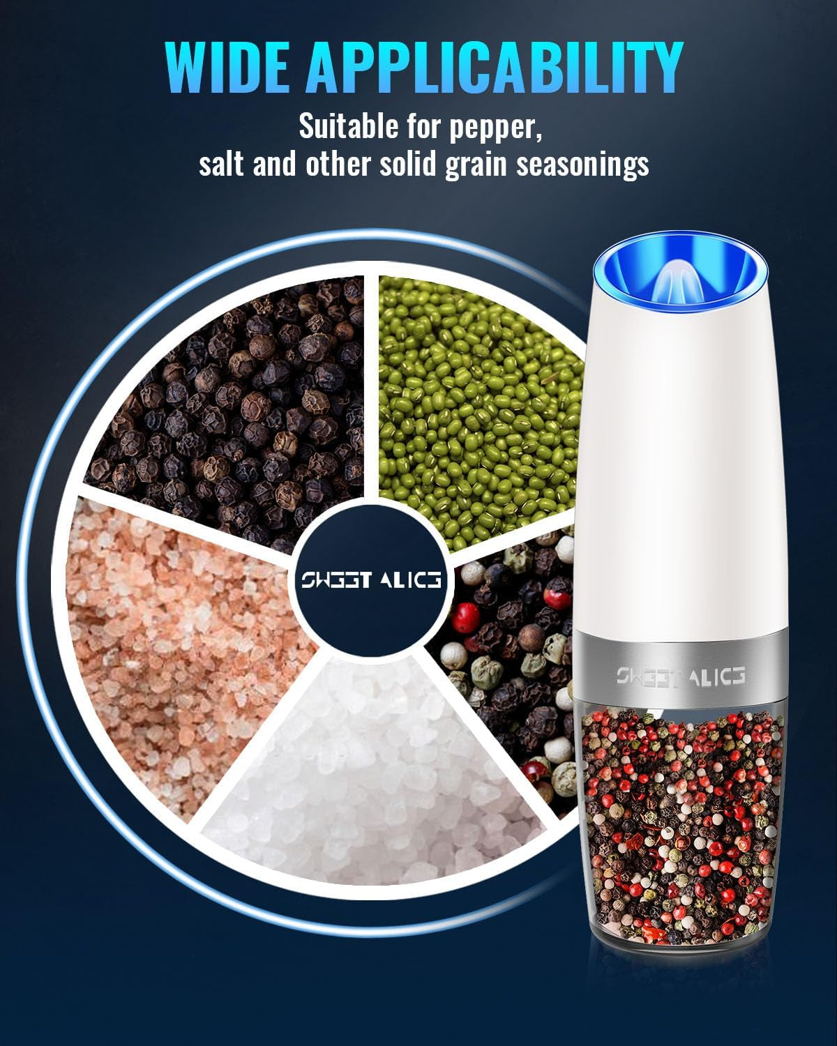 Sweet Alice Gravity Electric Pepper and Salt Grinder Set, Adjustable Coarseness, Battery Powered with LED Light, One Hand Automatic Operation, Snow White, 2 Pack