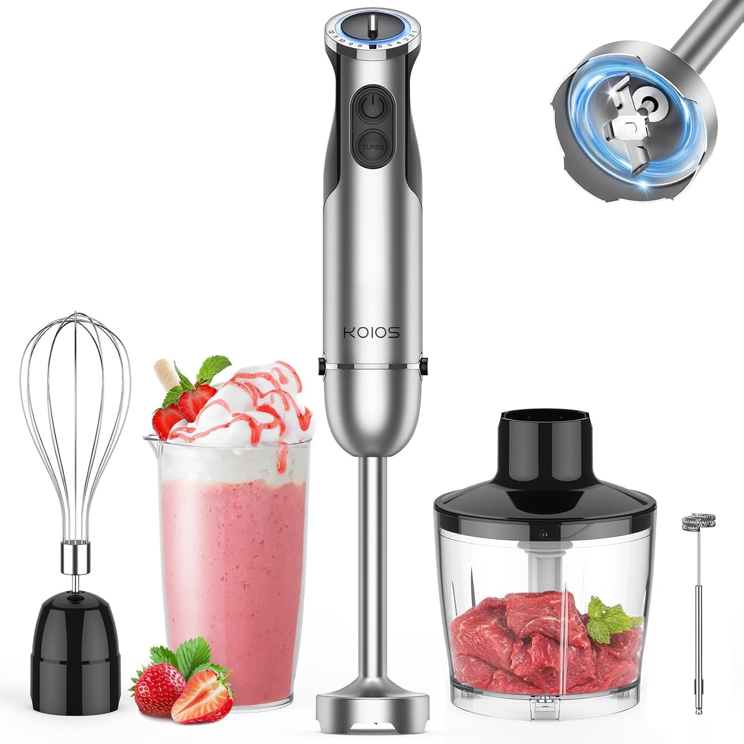 KOIOS Immersion Hand Blender, 5-In-1 Hand Blender with Entire Stainless Steel Blender Shaft, Full Copper Motor, Built in 12 Speed Turbo Stick Blender, Handheld Blender for Baby Food, Smoothies, Soups