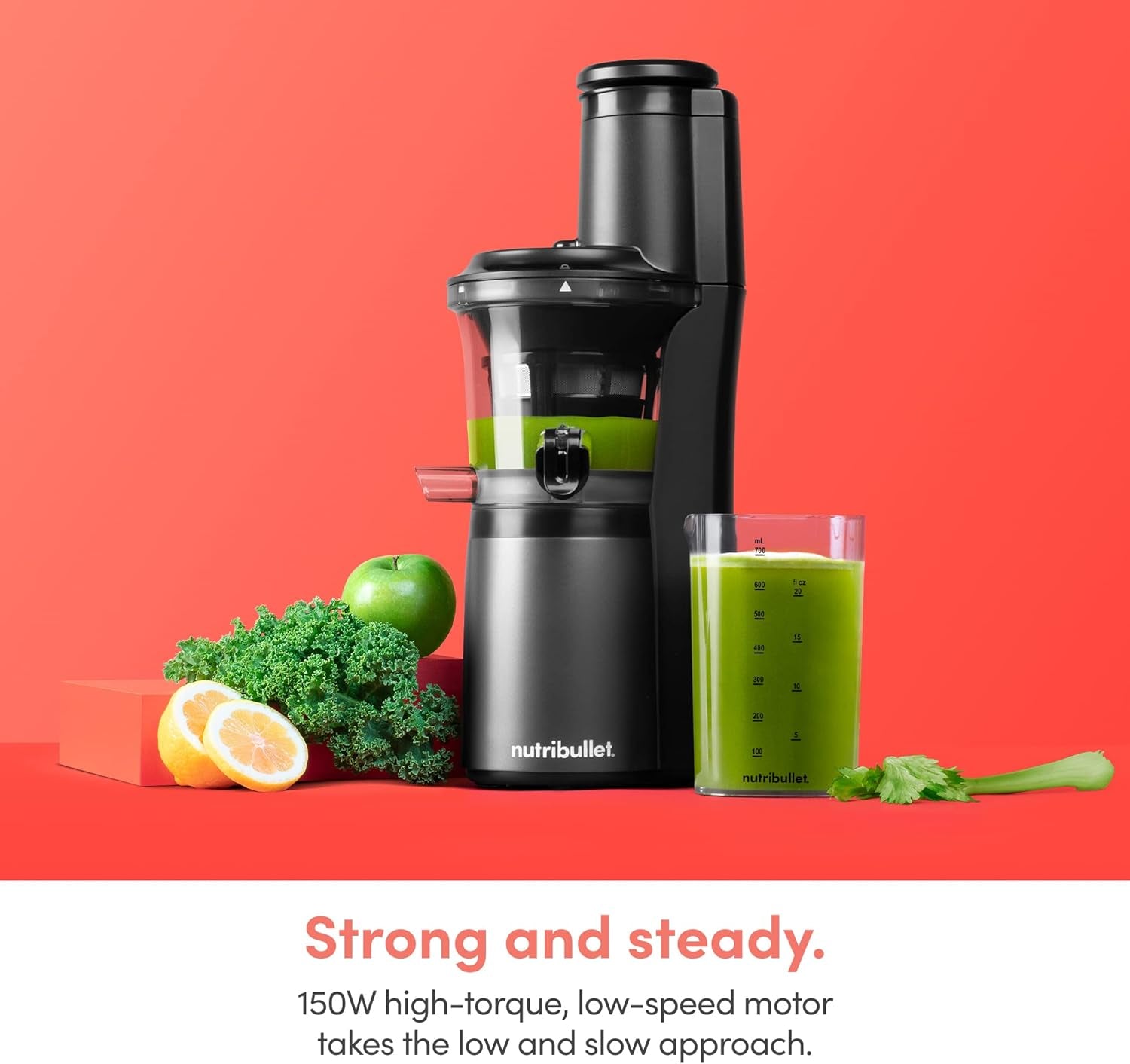 Nutribullet Slow Juicer, Slow Masticating Juicer Machine, Easy to Clean, Quiet Motor & Reverse Function, Bpa-Free, Cold Press Juicer with Brush, 150 Watts, Charcoal Black, NBJ50300, 24-Oz