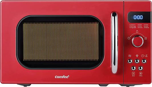 COMFEE' Retro Small Microwave Oven with Compact Size, 9 Preset Menus, Position-Memory Turntable, Mute Function, Countertop, Perfect for Small Spaces, 0.7 Cu Ft/700W, Red, AM720C2RA-R