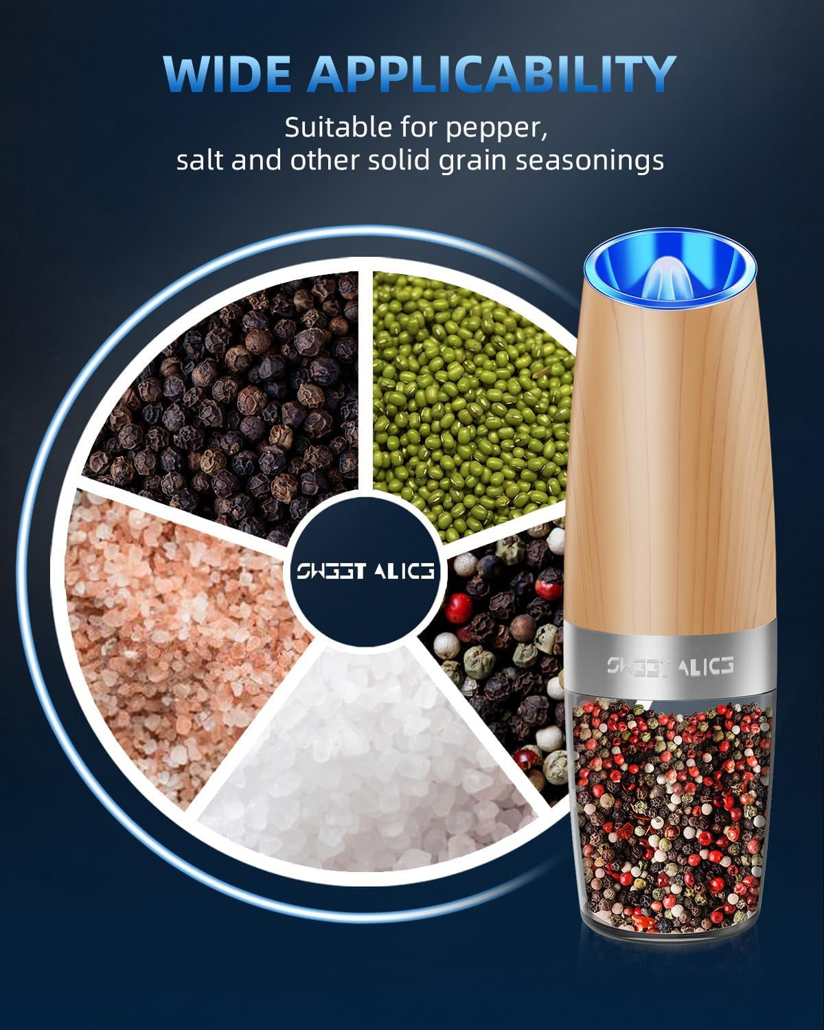 Sweet Alice Gravity Electric Pepper and Salt Grinder Set, Adjustable Coarseness, Battery Powered with LED Light, One Hand Automatic Operation, 2 Pack