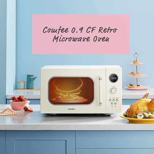 COMFEE' CM-M092AAT Retro Microwave with 9 Preset Programs, Fast Multi-Stage Cooking, Turntable Reset Function Kitchen Timer, Mute Function, ECO Mode, LED Digital Display, 0.9 Cu.Ft, 900W, Apricot