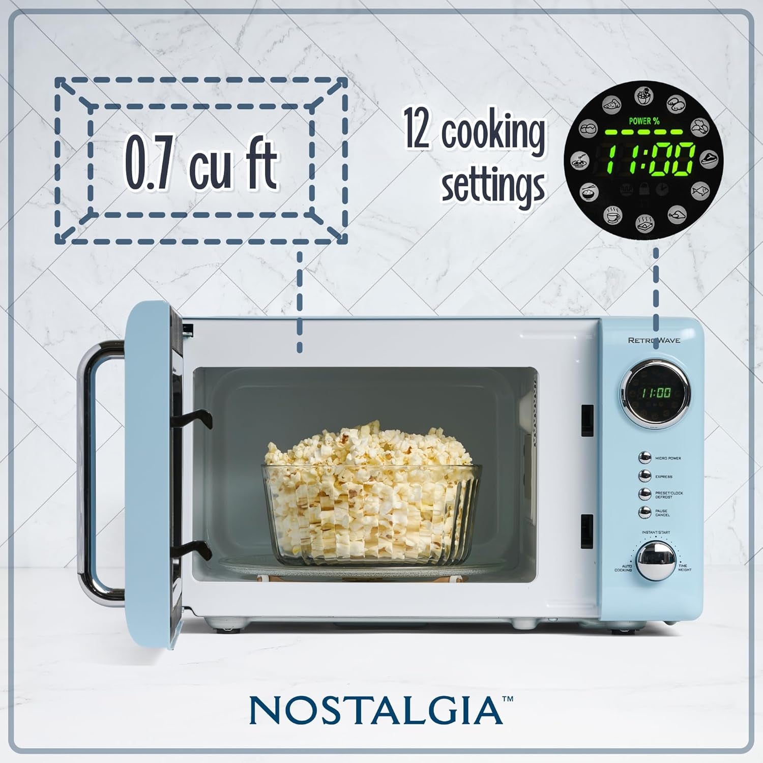 Nostalgia Retro Compact Countertop Microwave Oven - 0.7 Cu. Ft. - 700-Watts with LED Digital Display - Child Lock - Easy Clean Interior - Blue