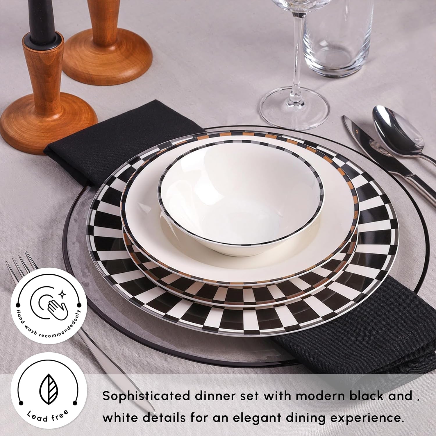 Karaca Aries Black 24 Piece Dinner Set for 6 People, Stylish, Elegant, Black White Borders, Gold and Silver Accents, Dinner Set Porcelain