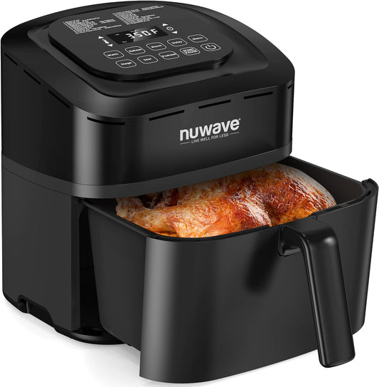 Nuwave Brio 10-In-1 Air Fryer 7.25Qt with Patented Linear T Thermal Technology for Crisping, Roasting, Dehydrating, and Reheating Non-Stick, Dishwasher Safe Basket, and App with 100+ Recipes - Black