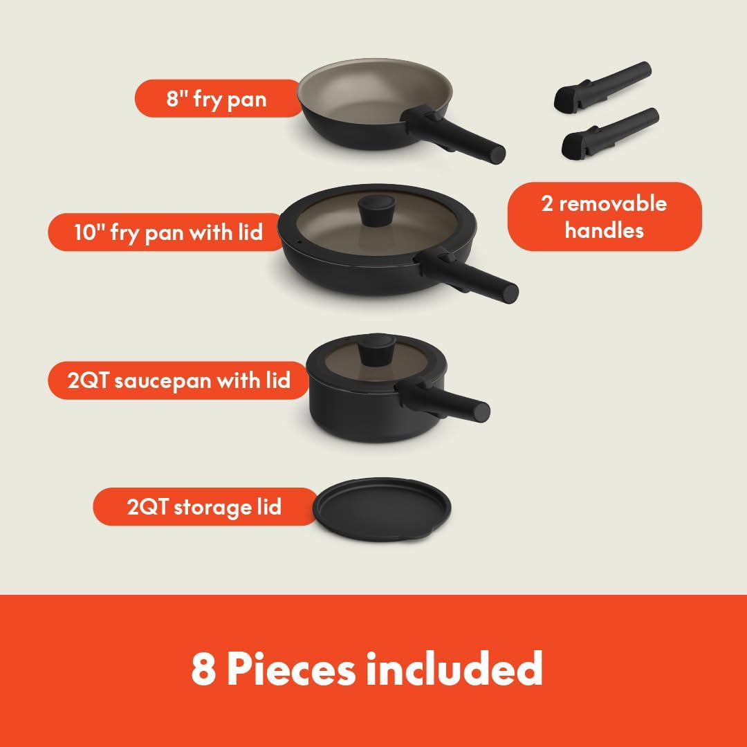 Bella 8 Piece Removable Handle Cookware Set, Fits-Anywhere™ Kitchenware W Evergood™ Ceramic Nonstick Coating​, Dishwasher & Oven Safe, All Stovetops Compatible, Glass Lids with Silicone Rims, Black