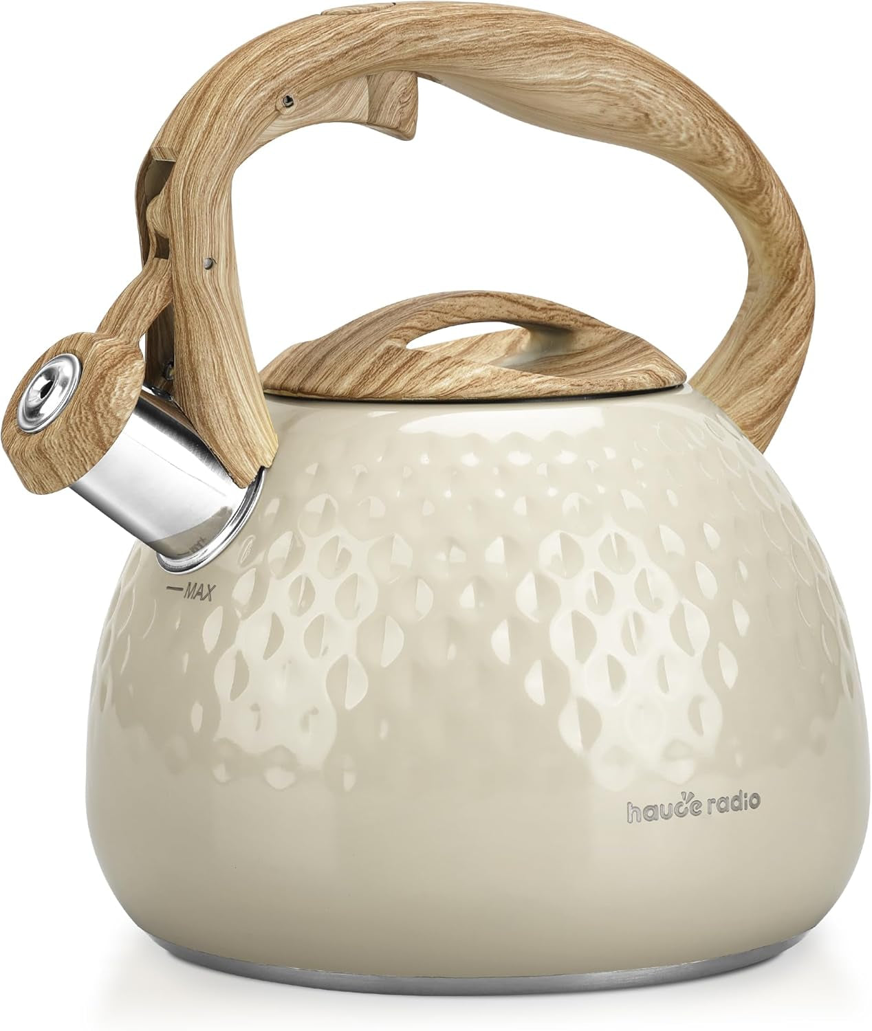 Tea Kettle Stovetop Teapot, 2.5 Quart Loud Whistle Food Grade Stainless Steel and Smooth Wood Pattern Handle, Sophisticated Look for Hiking, Picnic, for Tea, Coffee Milky White