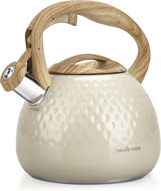 Tea Kettle Stovetop Teapot, 2.5 Quart Loud Whistle Food Grade Stainless Steel and Smooth Wood Pattern Handle, Sophisticated Look for Hiking, Picnic, for Tea, Coffee Milky White