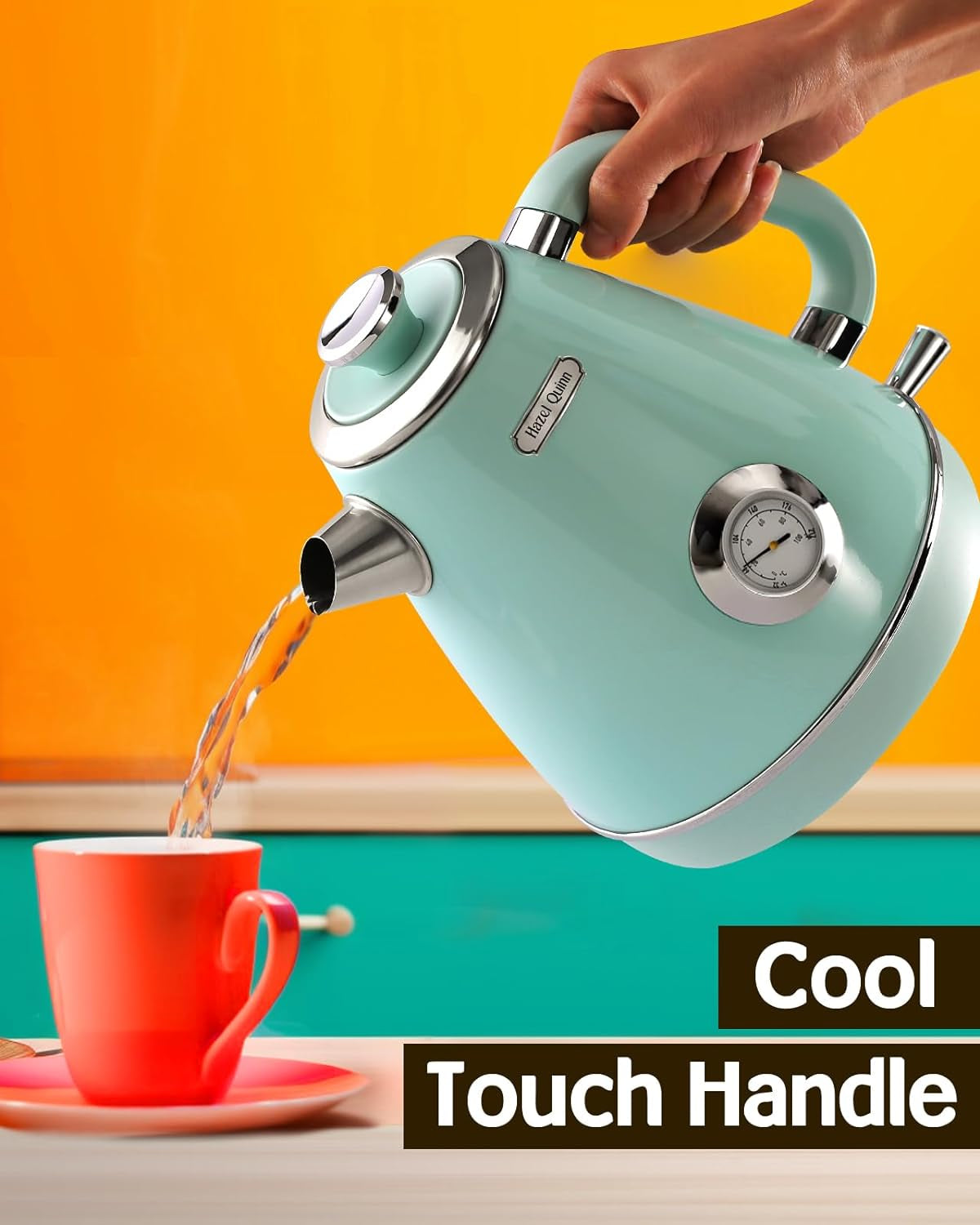 Hazel Quinn Retro Electric Kettle - 1.7 Liters / 57.5 Ounces Tea Kettle with Thermometer, All Stainless Steel, 1200 Watts Fast Boiling, Bpa-Free, Cordless, Automatic Shut off - Mint Green