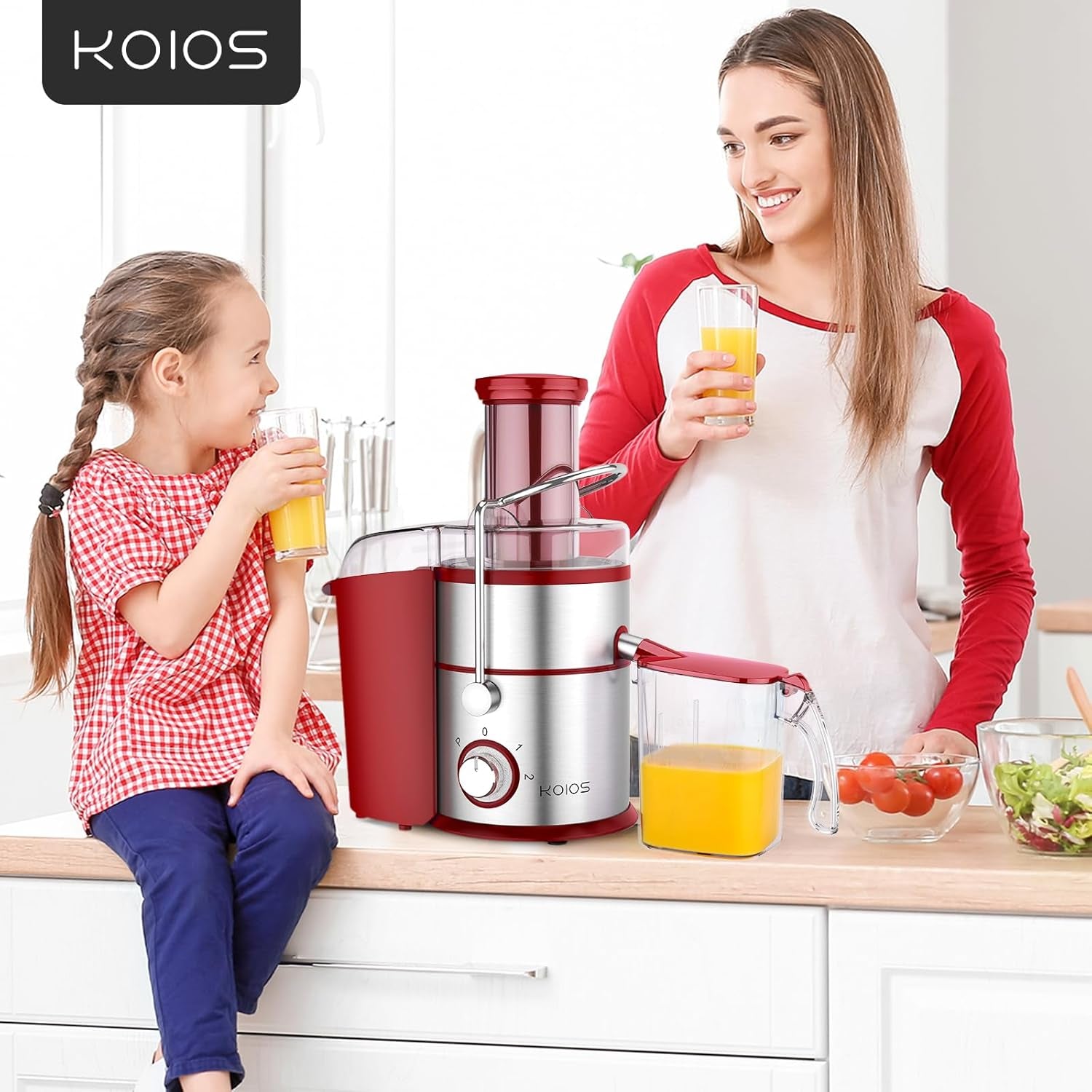 1300W KOIOS Centrifugal Juicer Machines, Juice Extractor with Extra Large 3Inch Feed Chute, Full Copper Motor, Titanium-Plated Filter, High Juice Yield, 3 Speeds Mode, Brush Included, Non-Bpa, Red