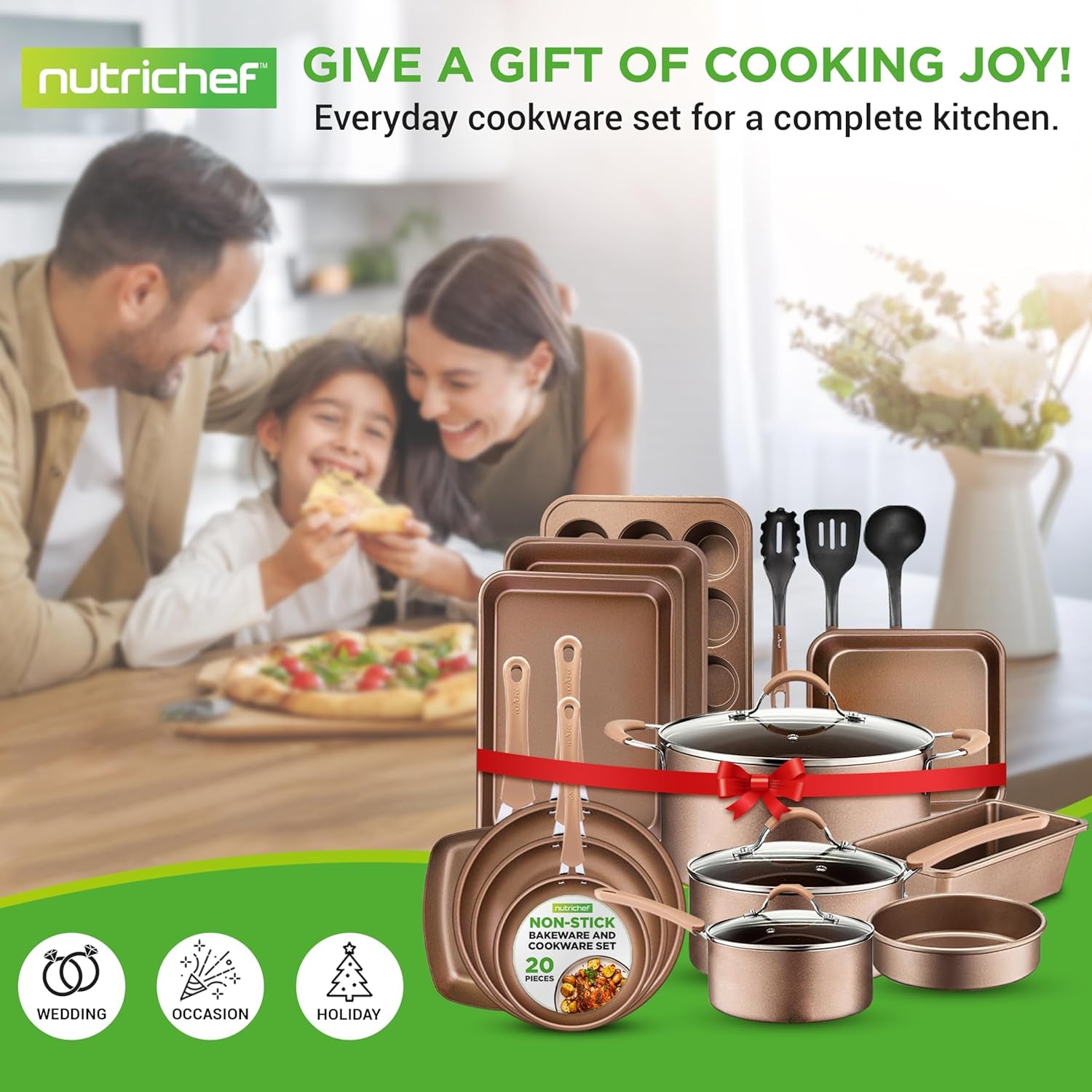 Nutrichef 20 Piece Professional Home Kitchen Cookware and Bakeware, Pots and Pans Set Non Stick Kitchenware, Cool-Touch Handles, Non Toxic, Safe for Gas, Electric, Induction Cooktops, Easy Clean