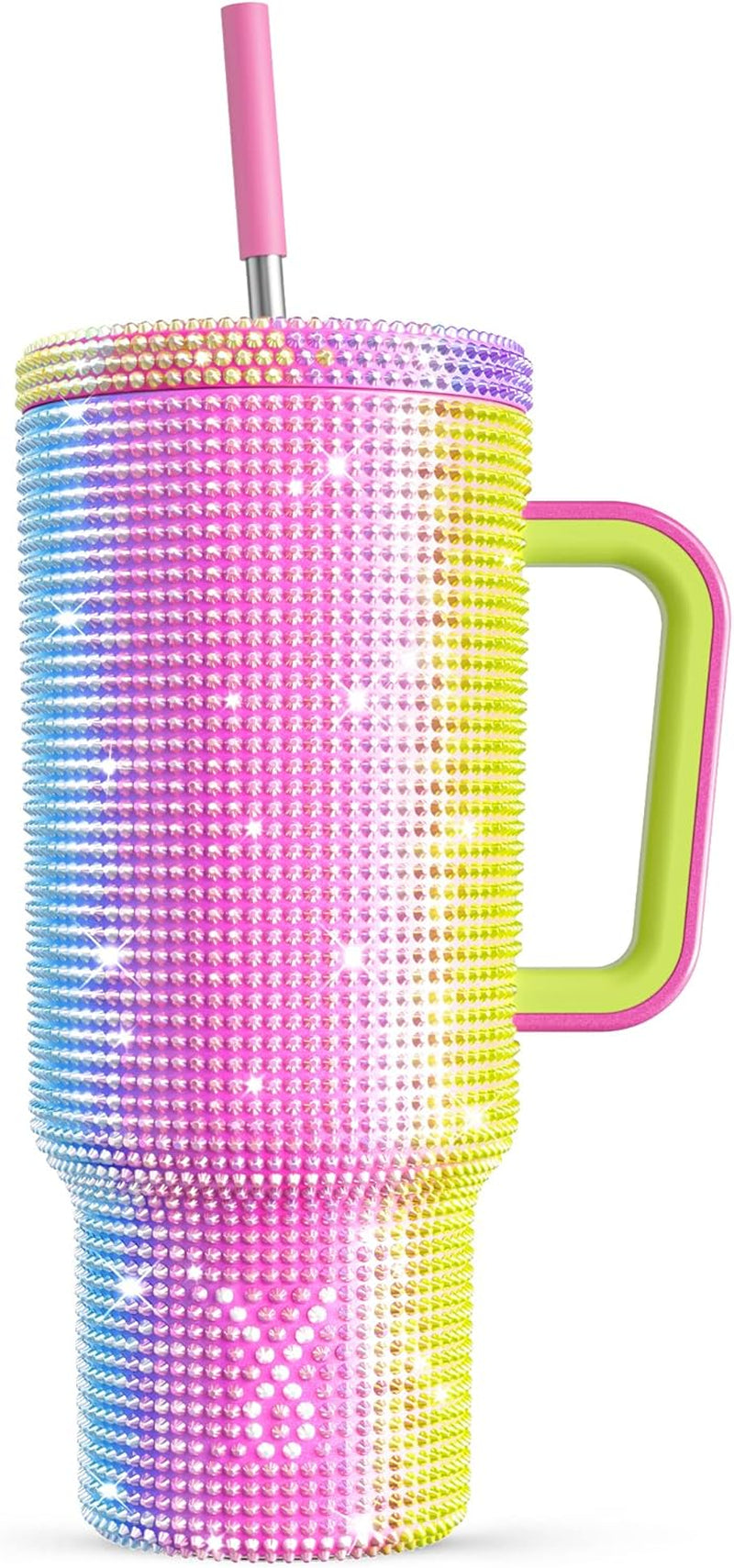 Meoky 40 Oz Studded Tumbler with Handle and Straw, Bling Tumbler with Lid and Straw, Insulated Stainless Steel Travel Mug, 100% Leak-Proof, Keeps Cold for 34 Hours (Glitter Carnival)