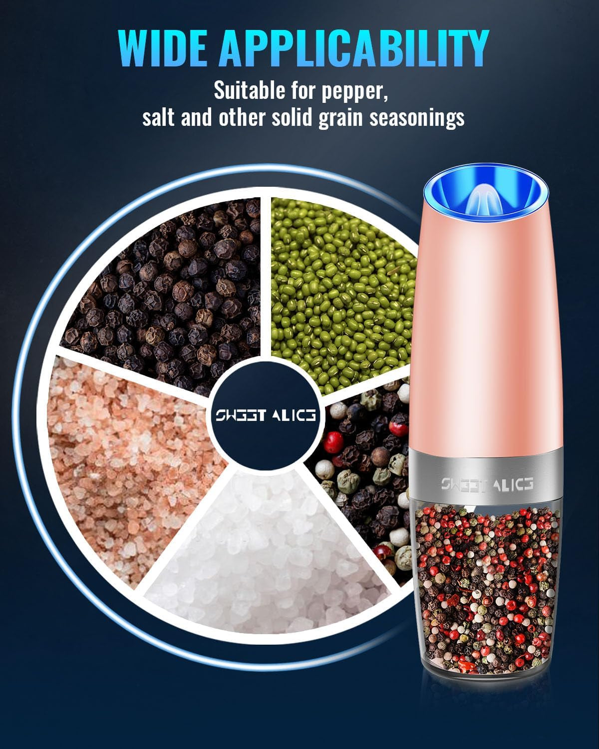 Sweet Alice Gravity Electric Pepper and Salt Grinder Set, Adjustable Coarseness, Battery Powered with LED Light, One Hand Automatic Operation, Coral, 2 Pack