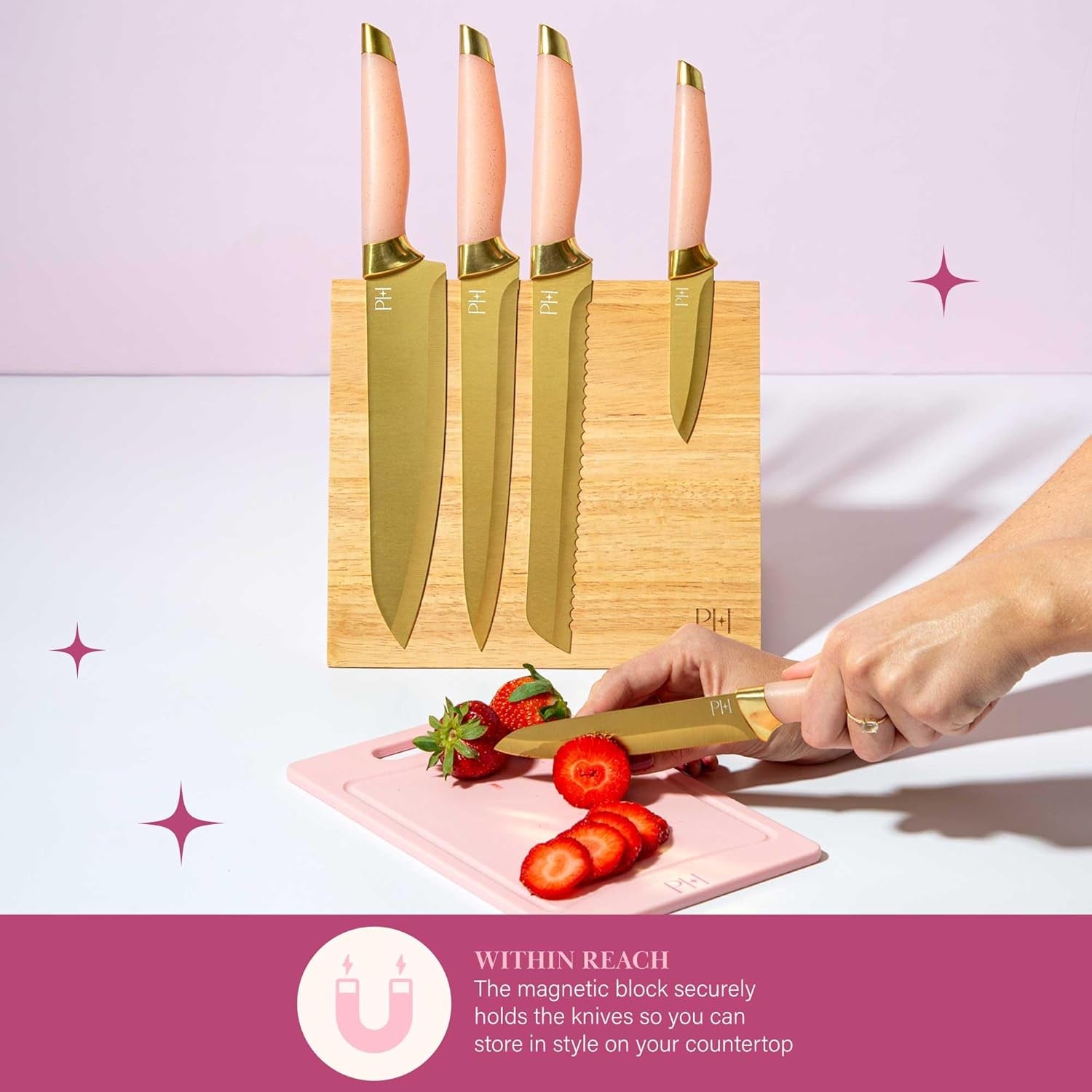 Paris Hilton Knife Block Set with Magnetic Wooden Knife Block, High Carbon Stainless Steel Blades with Titanium Coating, Sleek Comfortable Grip Handles, 6-Piece Set, Pink and Gold