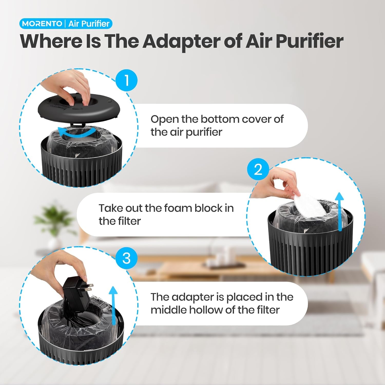 MORENTO Air Purifiers for Home, Air Purifier for Smoke Pet Dander Odors with Fragrance Sponge, Small Air Purifier with Sleep Mode for Bedroom Office, Blue Ambient Light, MR2566, Black, 1 Pack