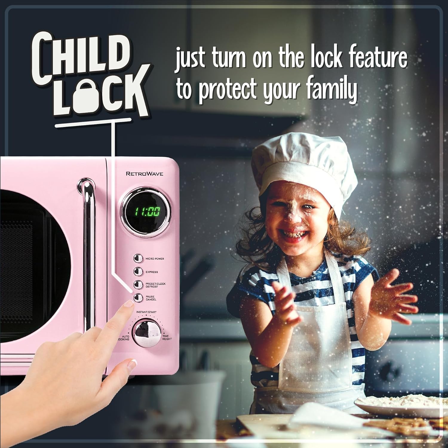 Nostalgia Retro Compact Countertop Microwave Oven - 0.7 Cu. Ft. - 700-Watts with LED Digital Display - Child Lock - Easy Clean Interior - Pink