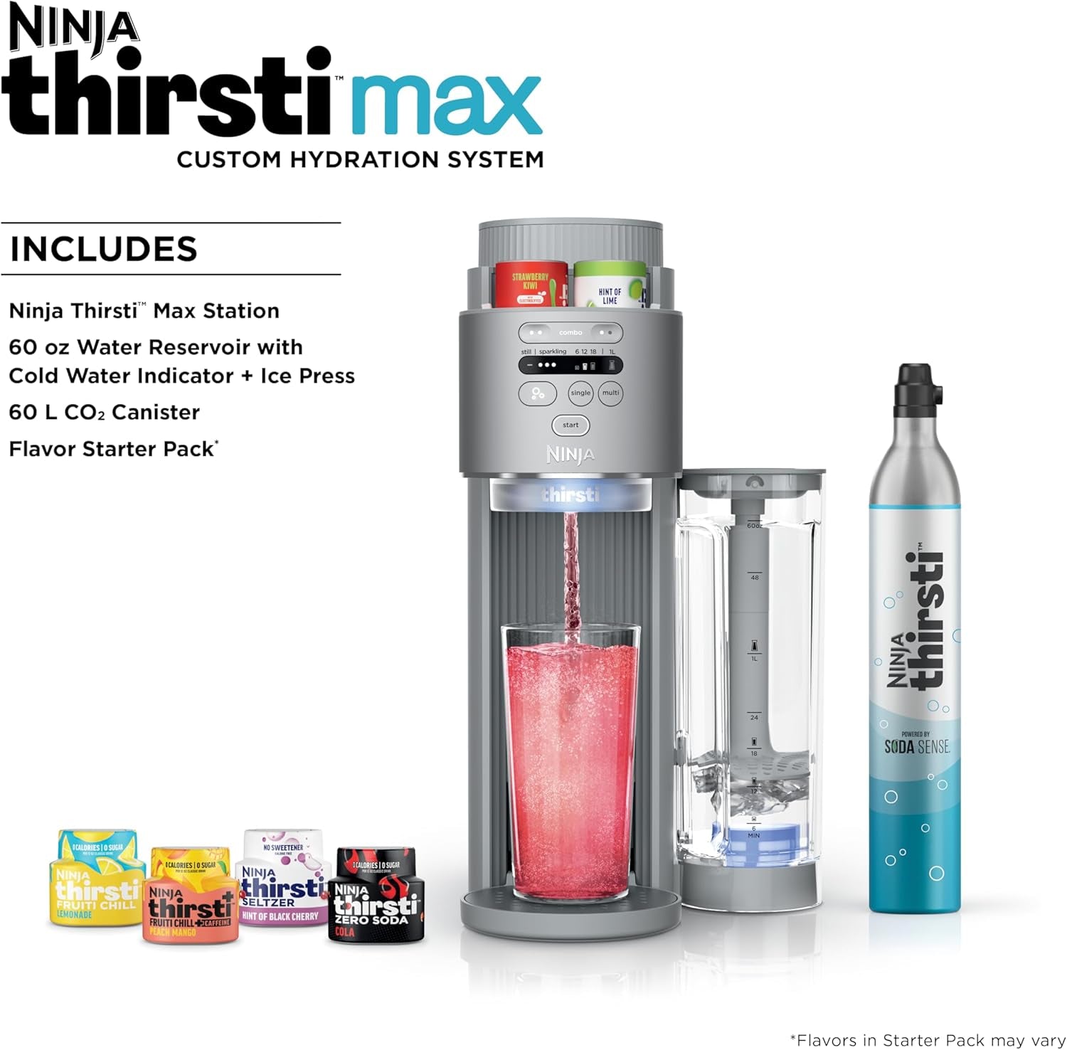 Ninja Thirsti Max Custom Hydration System, Soda Maker, Sparkling Water Maker, Custom Still & Sparkling Drinks, Compact Design, with 60L CO₂ Cylinder & Flavored Water Drops, Silver WC2002