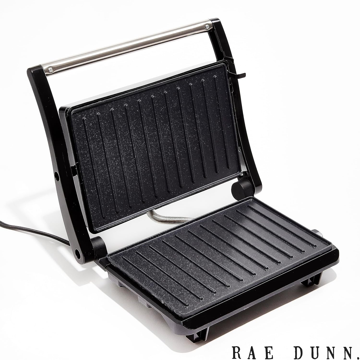 Rae Dunn Press Grill with Indicator Lights Opens 180 Degrees Double Sided Heating Non-Stick Black