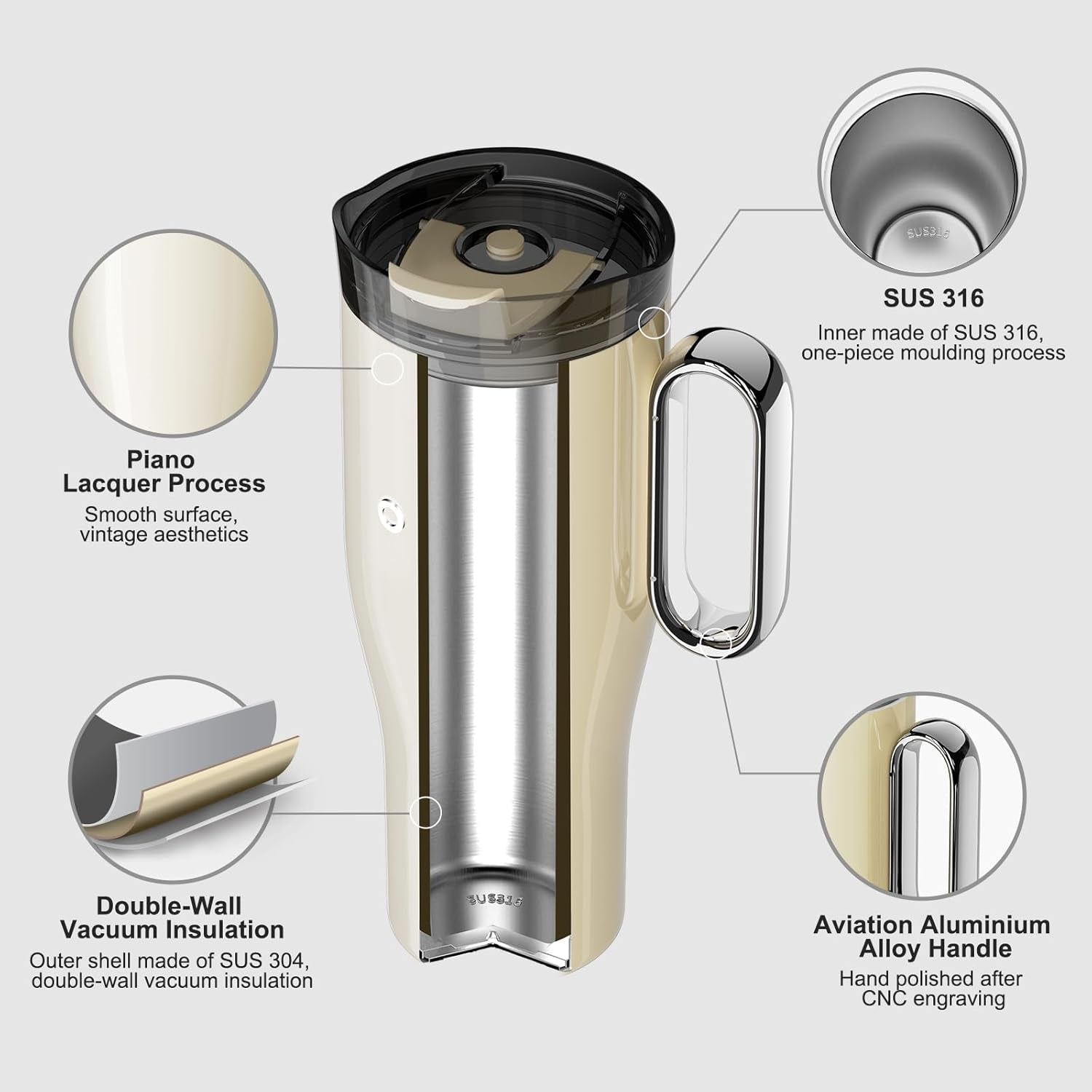 OTE Tumbler with Handle and Straw Lid Double Walled Insulation Stainless Steel 1180ml Beige