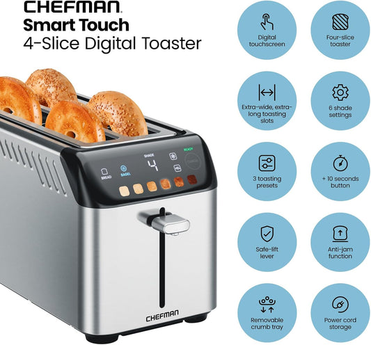 Chefman Smart Touch 4 Slice Digital Toaster, 6 Shade Settings, Stainless Steel Toaster 4 Slice with Extra-Wide Slots, Thick Bread Toaster and Bagel Toaster, +10, Defrost, Removable Crumb Tray