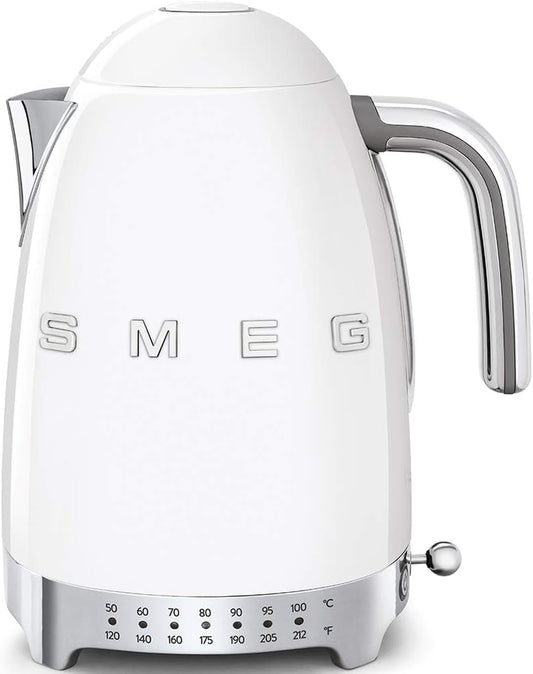 Smeg 50'S Retro 7 Cup Stainless Steel Variable Temperature Electric Kettle with 7 Temperature Settings, Led Display, Swivel Base and Keep Warm Function White KLF04WHUS