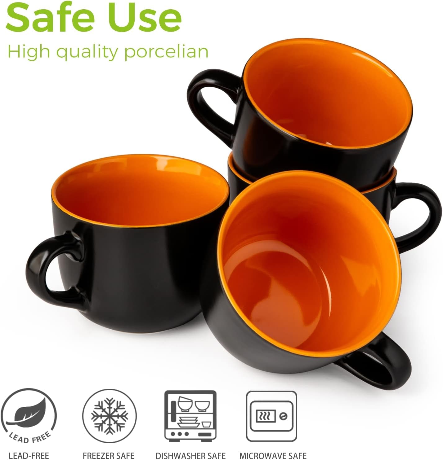 Jumbo Soup Mugs with Handles, 24 Oz Large Coffee Mugs Set of 4, Ceramic Soup Bowls for Coffee,Cereal,Snacks,Salad,Noodles Etc Soup Cups,Microwave&Dishwasher Safe-Orange Inside