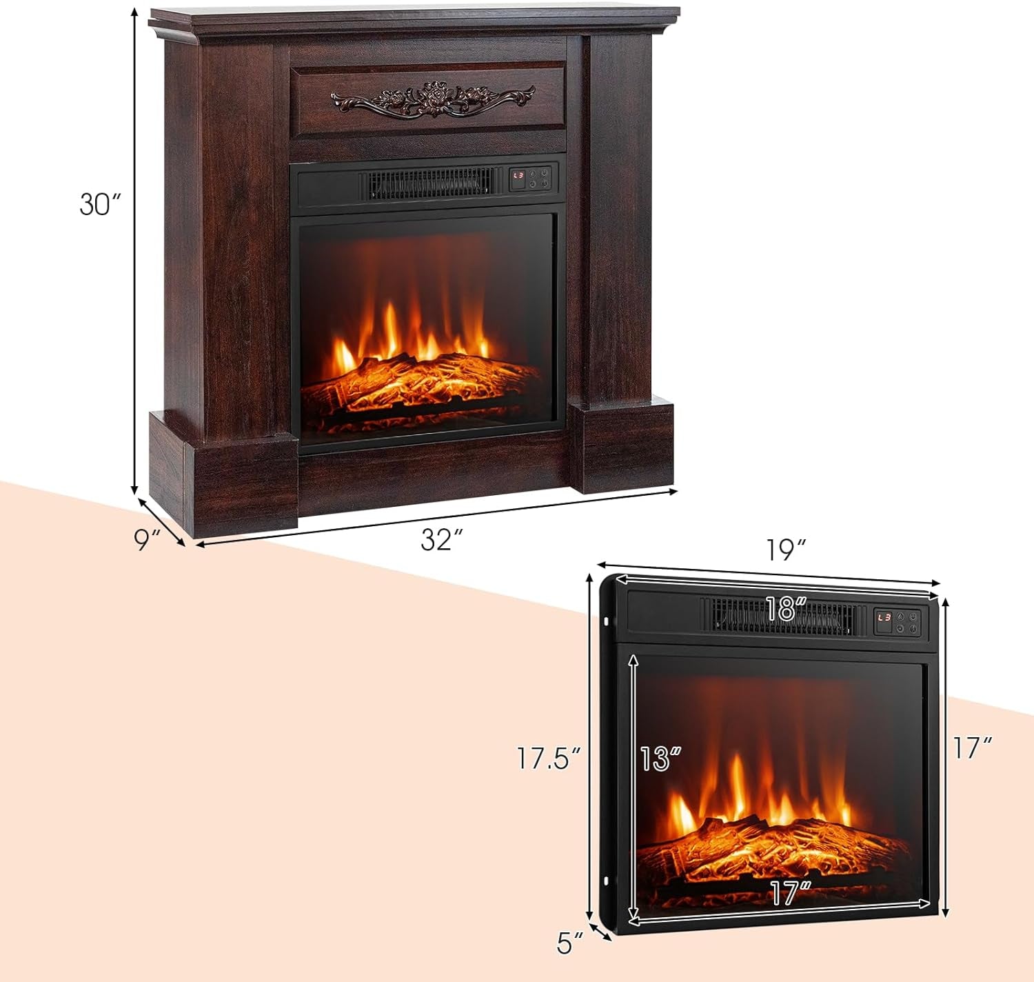 SIMOE Electric Fireplace with Mantel with Remote Control & Overheat Protection Brown