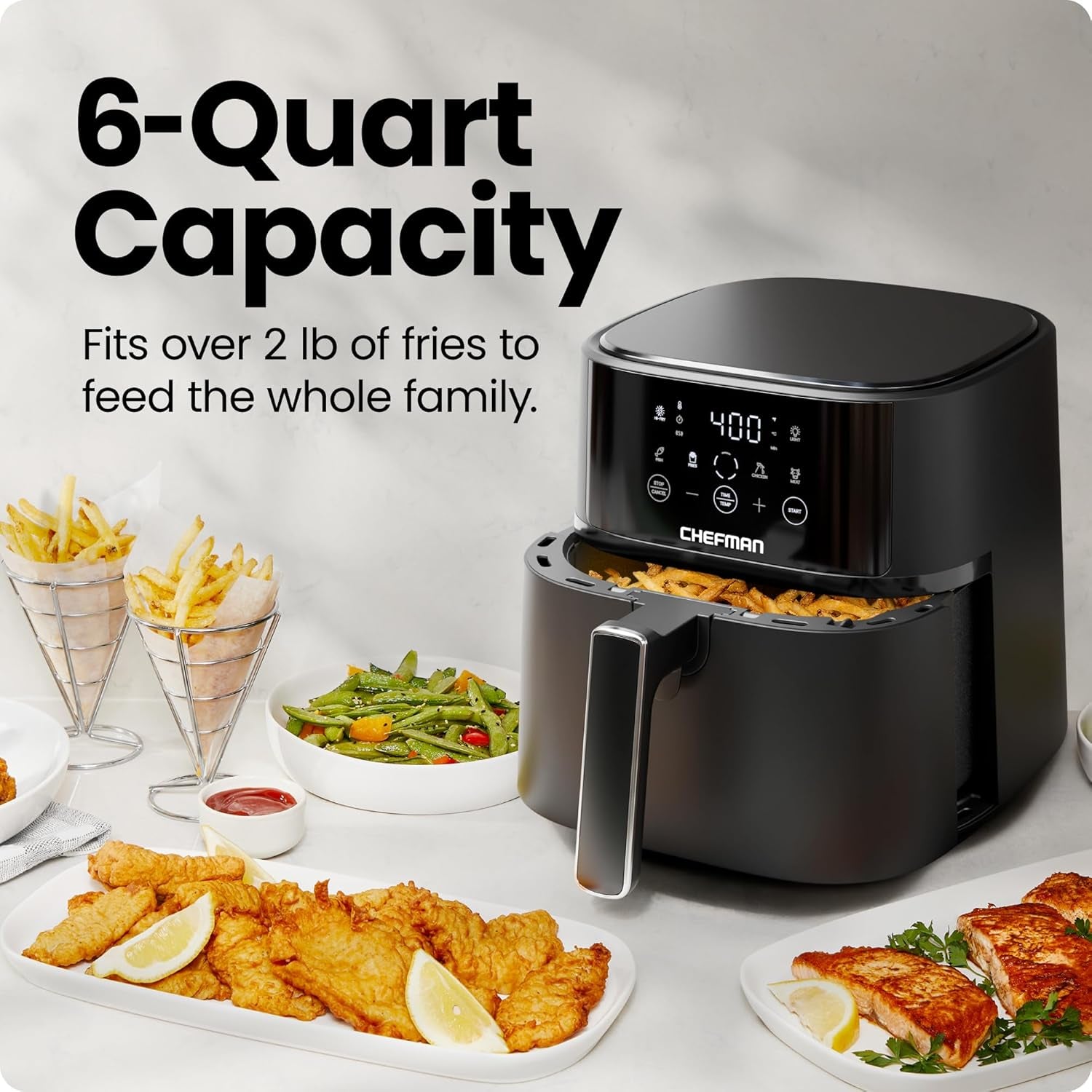 Chefman Air Fryer – 6 QT Compact Airfryer for Quick & Easy Meals in Minutes, Features Hi-Fry Technology for Extra Crisp, Touchscreen Controls with 4 Presets, Nonstick & Dishwasher Safe Basket - Black