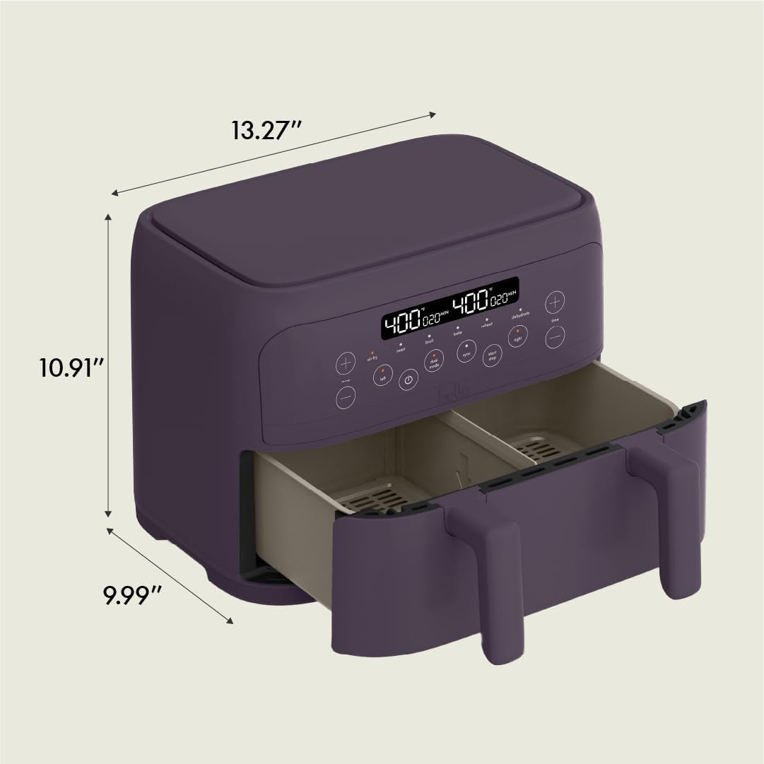 Bella 4 Qt Trizone Air Fryer, Evergood™ Ceramic Nonstick Coating, Dual Basket Design W Removable Divider, Digital Touchscreen Control W 6 Preset Cooking Options, 1200 Watt, 3Lb Capacity, Plum