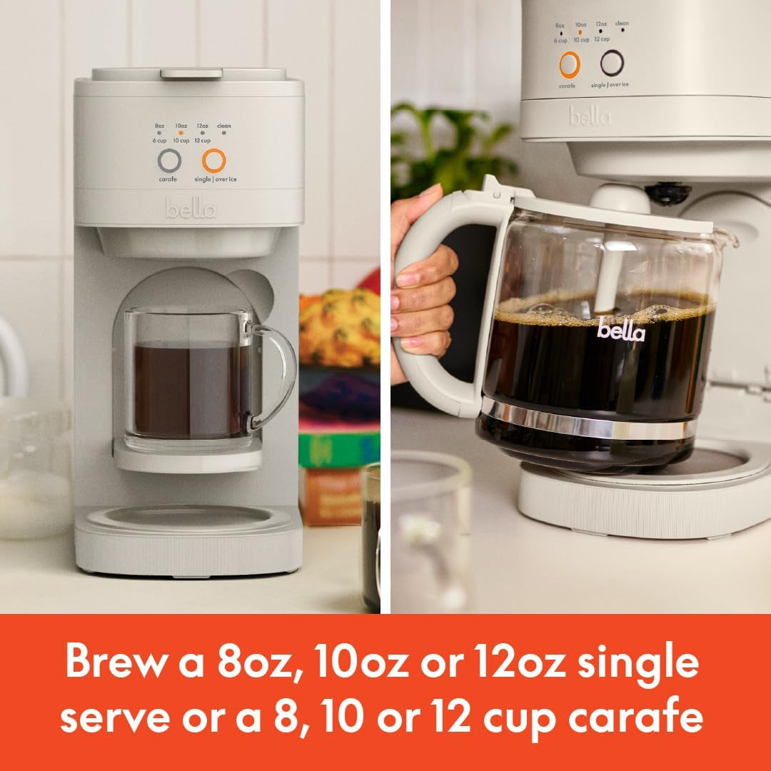 Bella Versabrew 2-In1 Coffee Maker, Fits-Anywhere Kitchenware, Brew 3 Sizes Carafes & Single Serve Cups, Dishwasher Safe Reusable Filter & Filter Holder, Iced Coffee Function, 60Oz Tank, Oatmilk