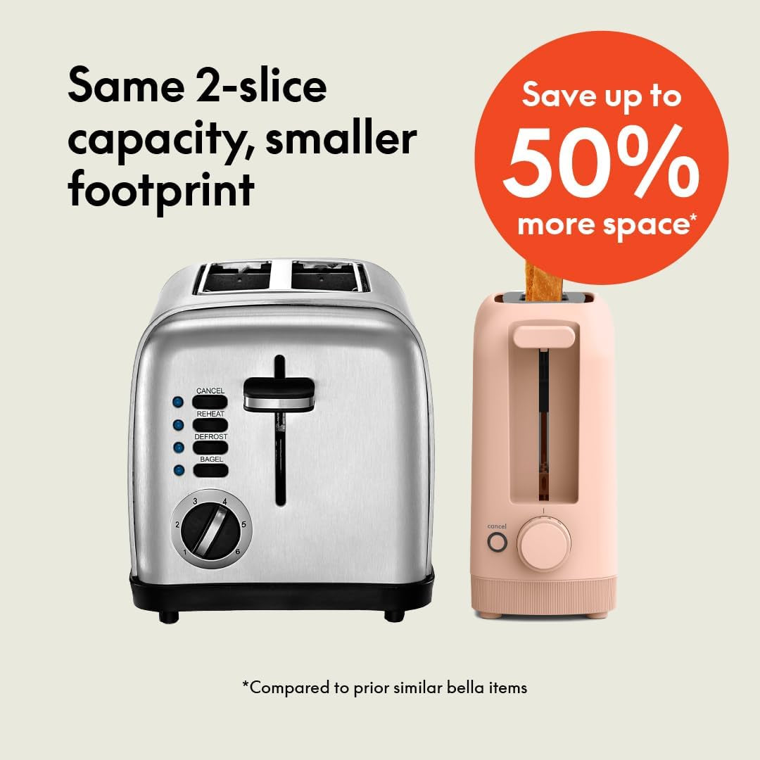 Bella 2 Slice Slim Toaster, Fits-Anywhere™ Kitchenware, 6 Setting Shade Control with Reheat & Cancel Buttons, Removable Crumb Tray, 10” Long Slot, anti Jam & Auto Shutoff, 900 Watt, Blossom