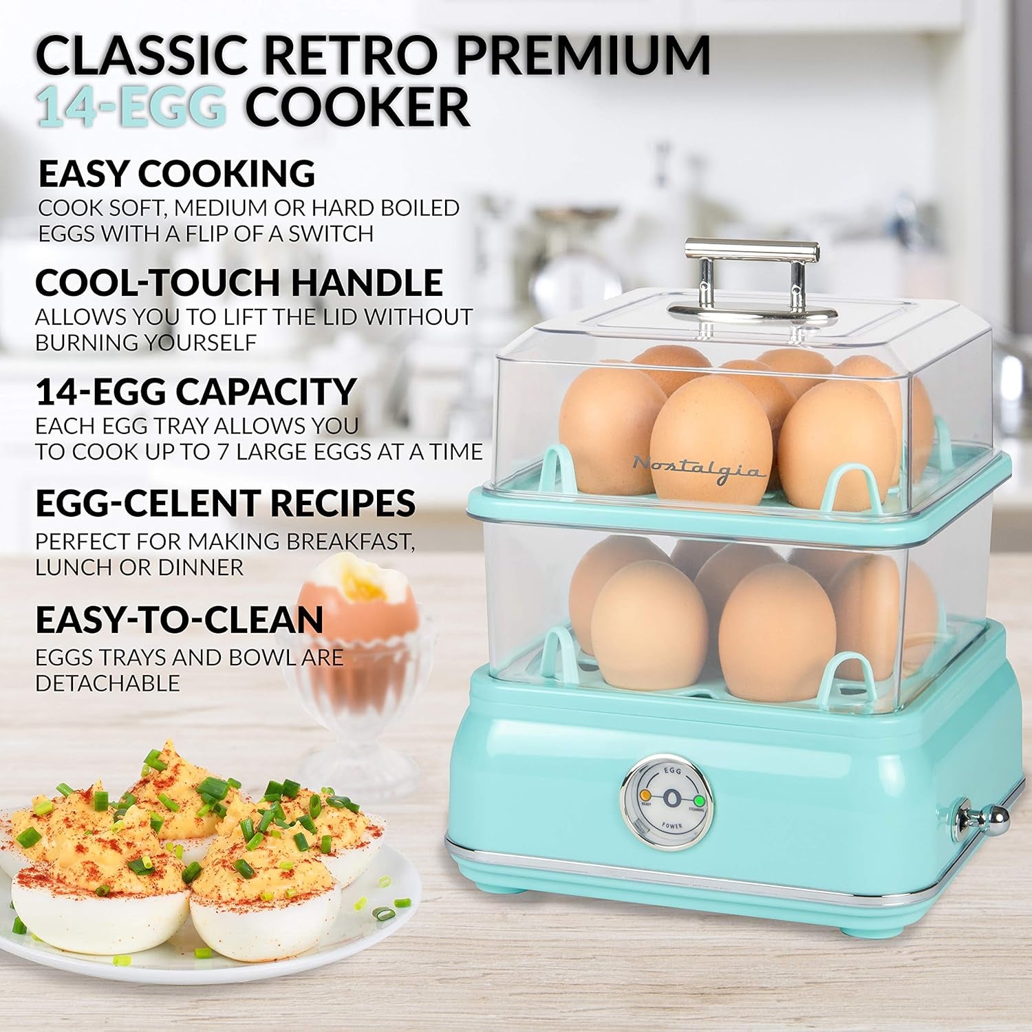 Nostalgia CLEC14AQ Retro Premium 14 Capacity Electric Large Hard-Boiled Egg Cooker, Poached, Scrambled, Omelets, Whites, Sandwiches, for Keto & Low-Carb Diets, Aqua