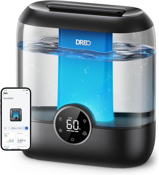 Dreo Smart Humidifiers for Bedroom, 6L Top Fill Supersized Cool Mist Humidifier for Large Room, 60 Hour Runtime, Quiet Ultrasonic Humidifiers for Plants, Baby, Indoor, Home, Night Light, Black