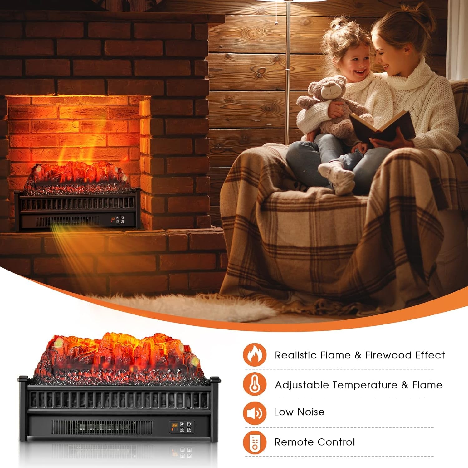 SIMOE Electric Fireplace Heater Flame Brightness Adjustable With Remote Control