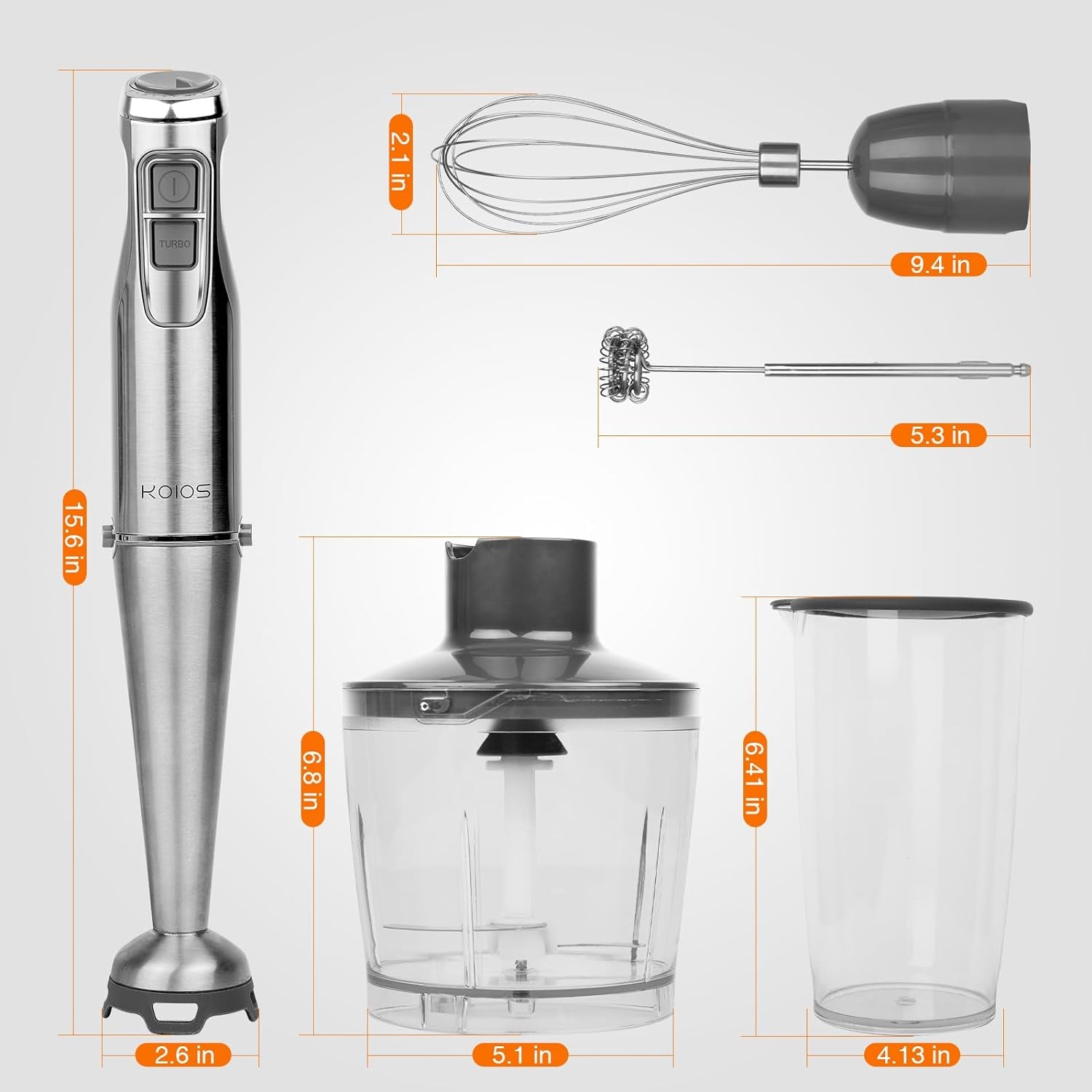 KOIOS 1100W Immersion Hand Blender, Stainless Steel Stick Blender with 12-Speed & Turbo Mode, 5-In-1 Handheld Blender with 600 Ml Mixing Beaker with Lid, 500 Ml Chopper, Whisk, Milk Frother, Bpa-Free