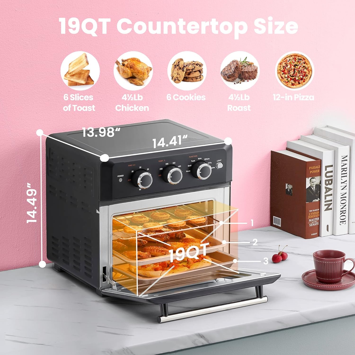 COMFEE' Retro Air Fry Toaster Oven, 7-In-1, 1500W, 19QT Capacity, 6 Slice, Rotisseries, Warm, Broil, Toast, Convection Bake, Black, Perfect for Countertop